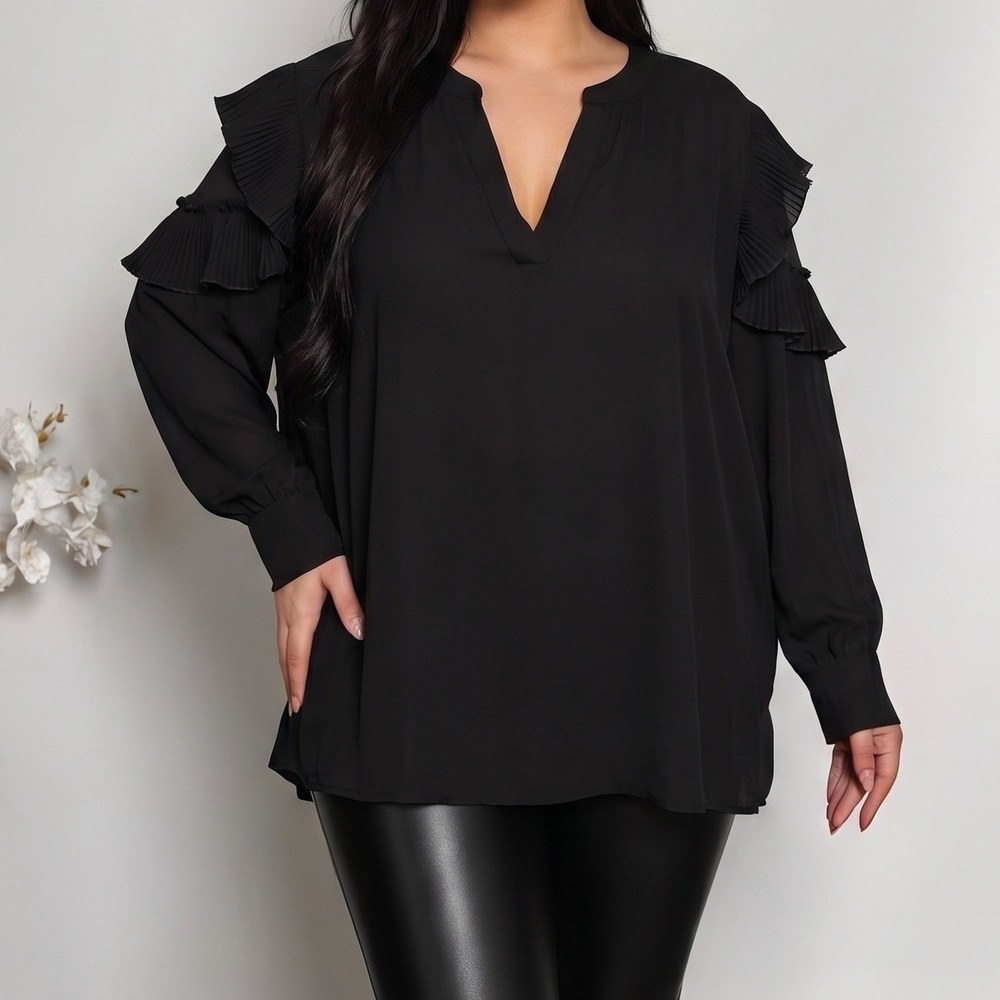 T Tahari NWT Black Split Neck Long Sleeve Ruffle Blouse Top Plus Size 1X Office